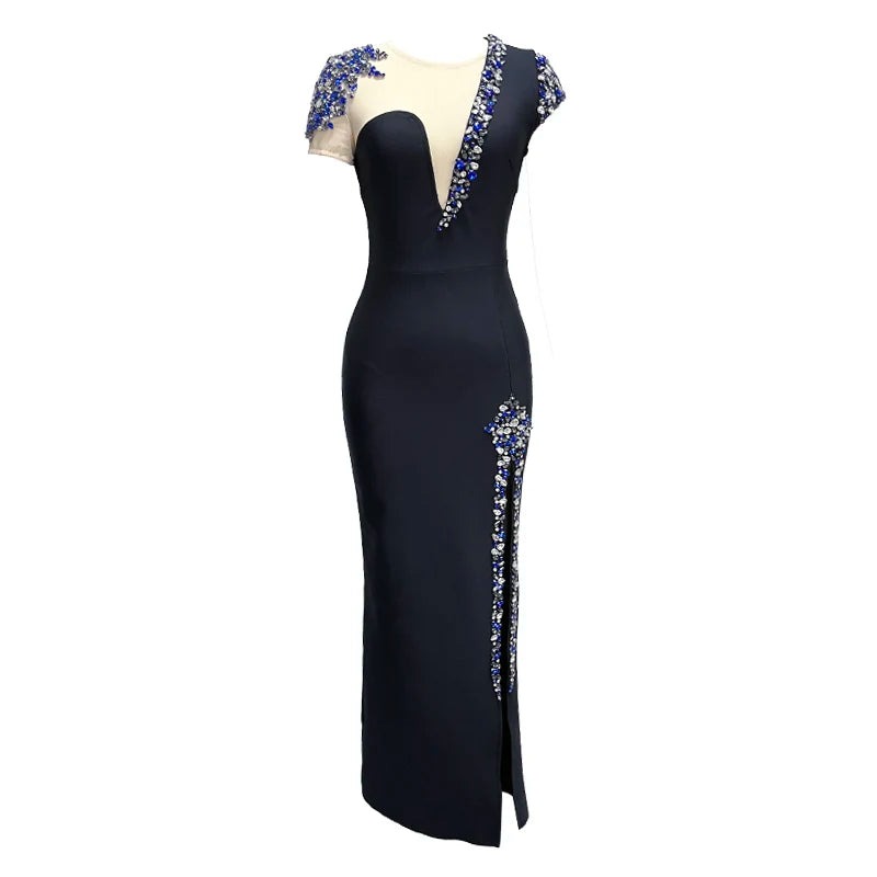 Celebrity Red Carpet Dress Women Sexy Short Sleeve Shinning Crystal Bodycon Bandage Long Dress Celebrate Singer Stage Wear