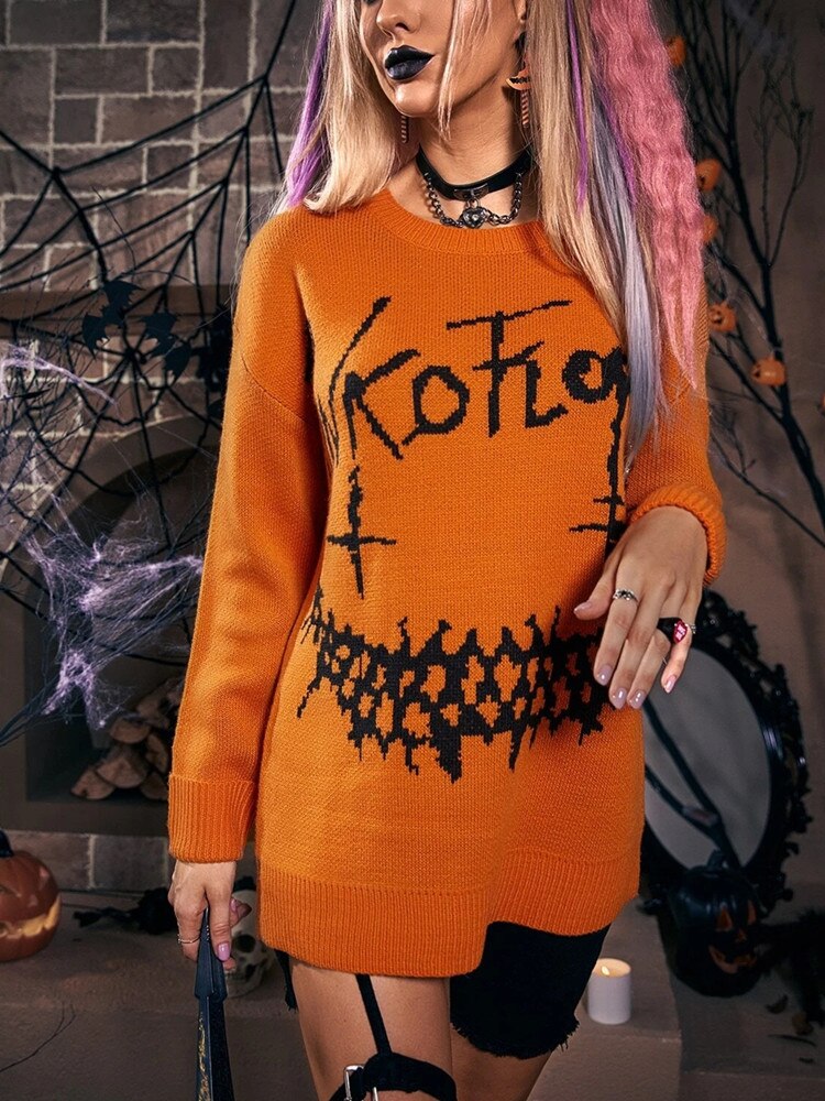 Yangelo Halloween Gothic Letter Pattern Knitted Sweater Punk Street Retro Basic Women's Fall Winter Warm Loose Sweater