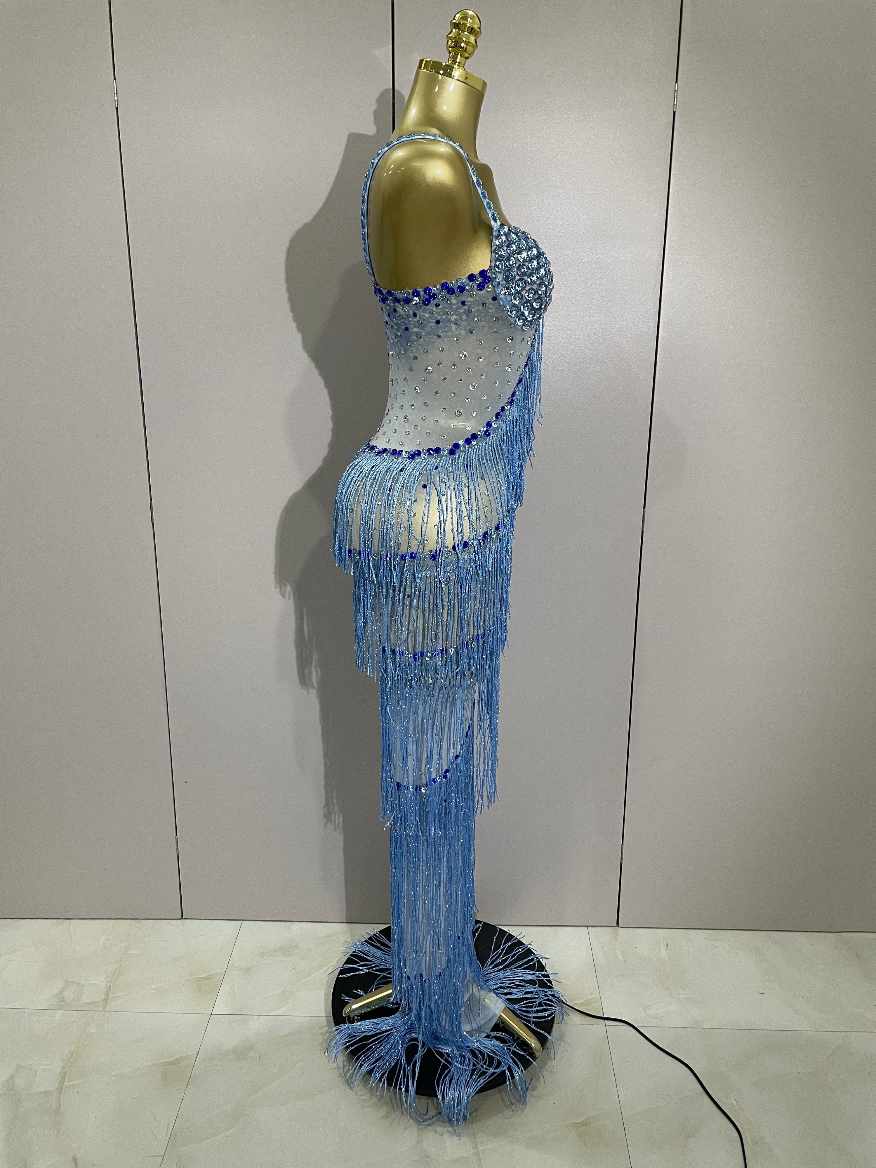 2025 Sparkly Rhinestones Tassel sexy Mesh Slip Long Dress Women Celebrate Evening Prom Birthday paty Dress Photoshoot Stage Wear