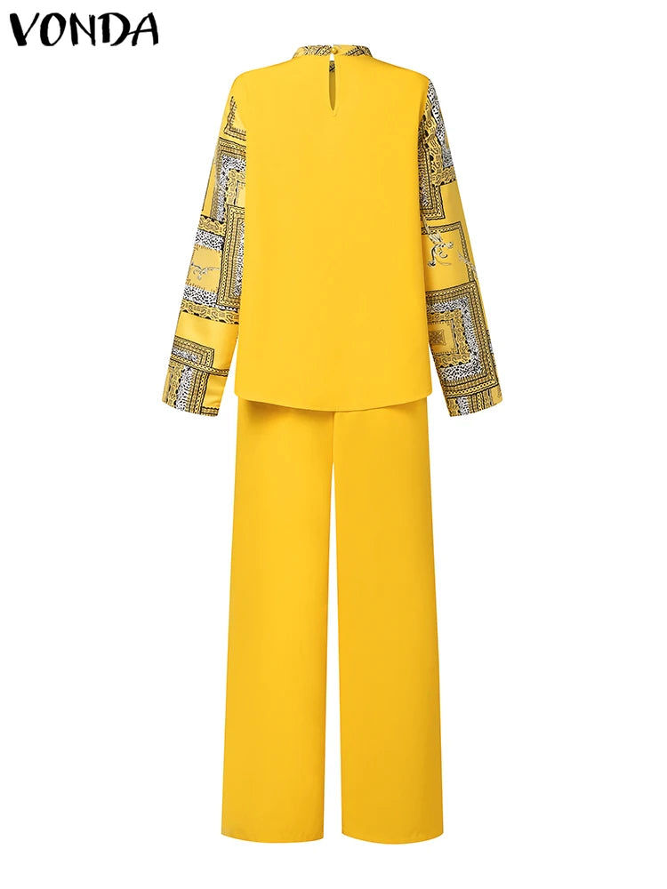 Plus Size VONDA Women Elegant Pant Sets 2025 Long Sleeve Printed Tops and Long Trousers Casual Streetwear Matching Sets