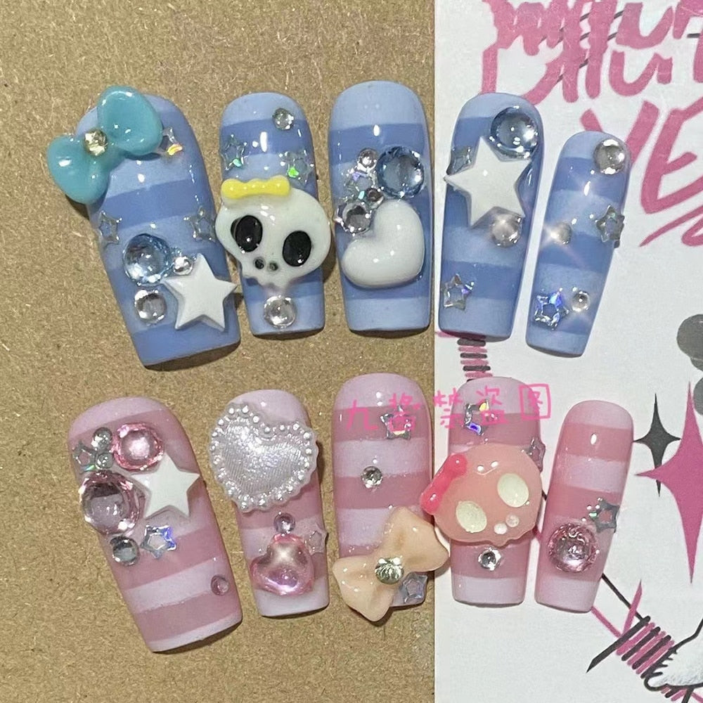Été plage voyage vacances Hello Kitty conque ongles fille bleu jeunesse travail manuel personnalisable faux ongles fille soeur cadeau