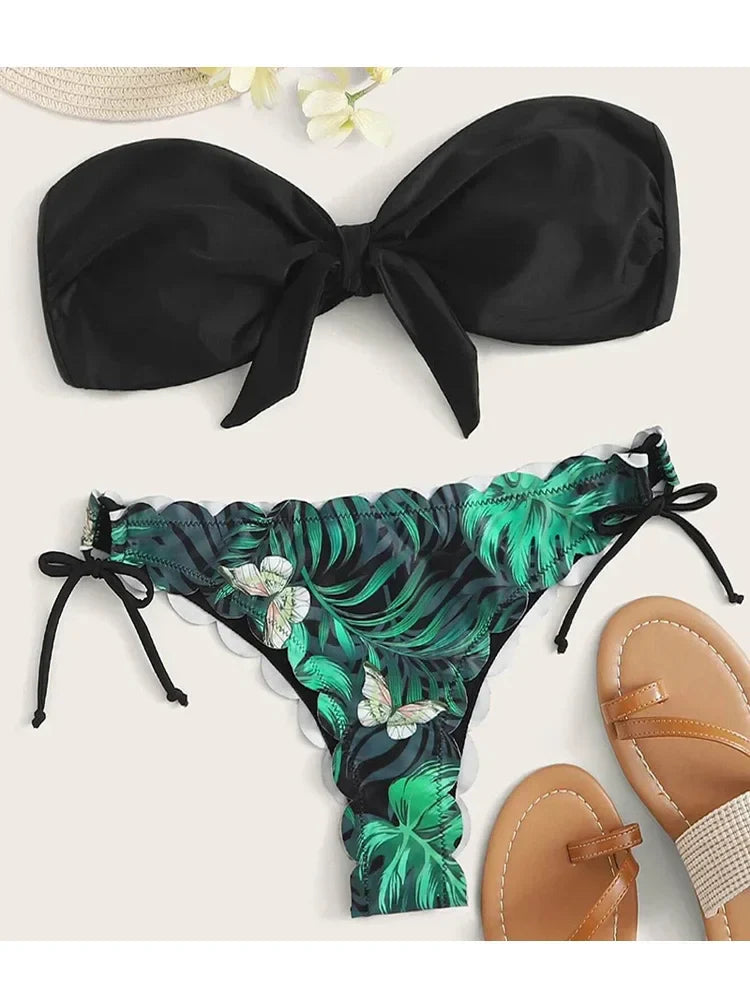 Sexy Scalloped Marble Print Bikini Women Bandeau Swimwear Female Swimsuit Two-pieces Bikini set Knotted Bather Bathing Suit Swim B582Green