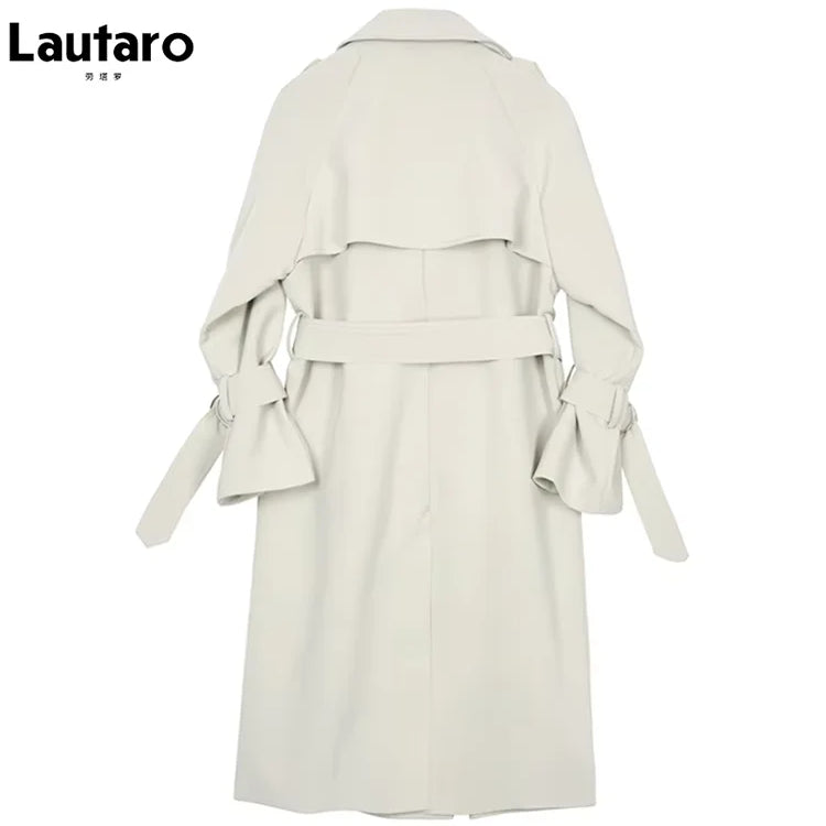 Lautaro Spring Autumn Long Soft Flowy Trench Coat for Women Sashes Raglan Sleeve Double Breasted Loose Casual Korean Fashion