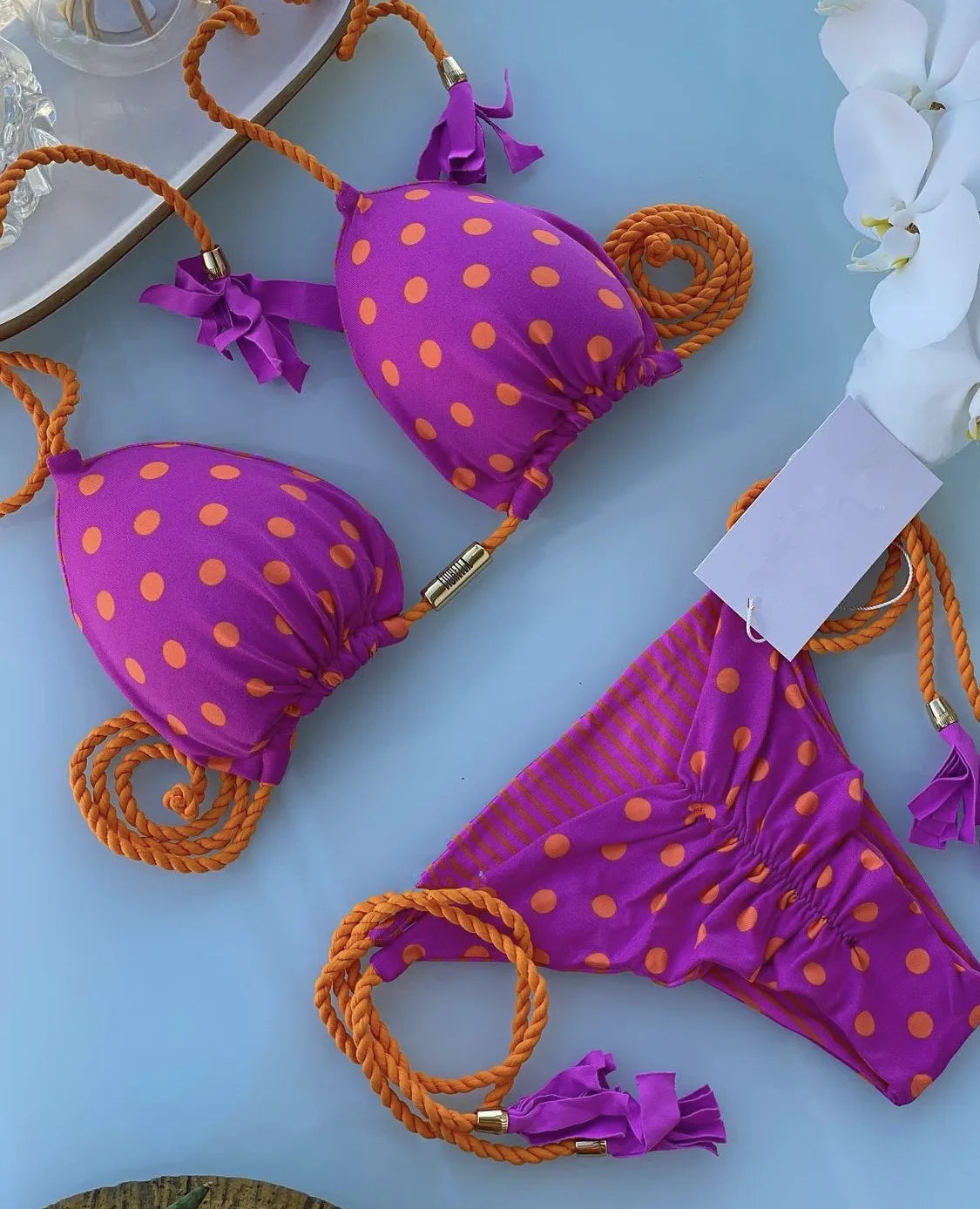 Women's Rope Swimwear Strap Split Bikini Printed Triangle Swimsuit 8257