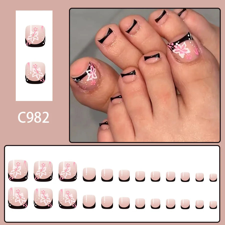 24pcs Summer Beach False Toenails Blue French Square Fake Toenails Wearable Coconut Trees Shell Print Press on Nails for Toe 5