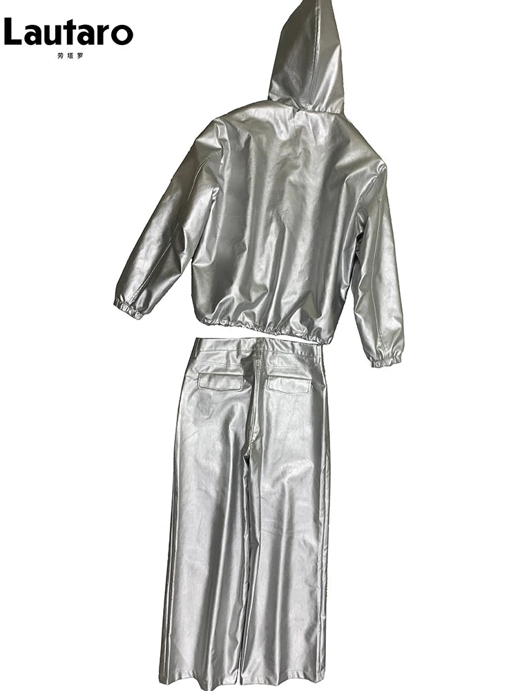 Mauroicardi Autumn Oversized Waterproof Silver Faux Leather Jacket Men with Drawstring Hood Zipper Loose Casual Korean Fashion