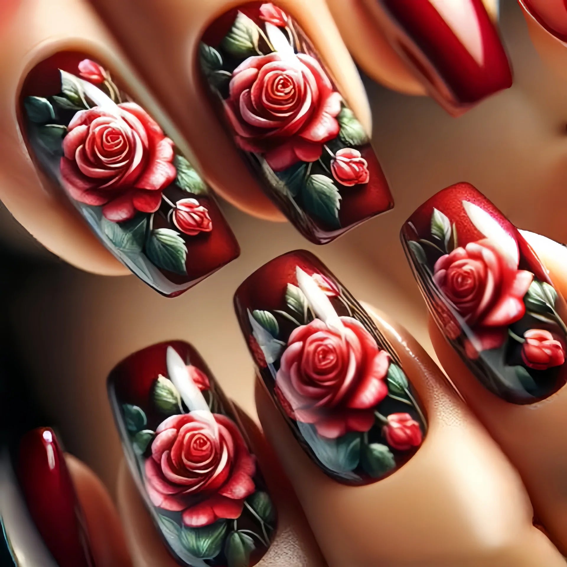 24pcs/set medium long fake nails for women cute gradient pink red heart rose flowers for Valentine's Day press on acrylic nails 1801