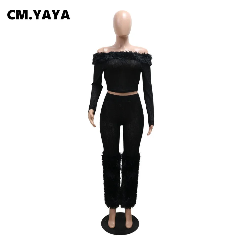 2025 Spring Women's Set Long Sleeve Fur Slash Neck T-shirt + Pants Sexy Streetwear Two 2 Piece Sets Outfits Tracksuit