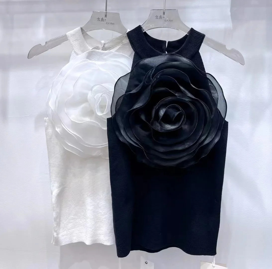 Summer Knitwear Sexy Crop Tank Top Femme Black White 3D Flower Sexy Sleeveless Knitted Top Slim Fit Halter Vest