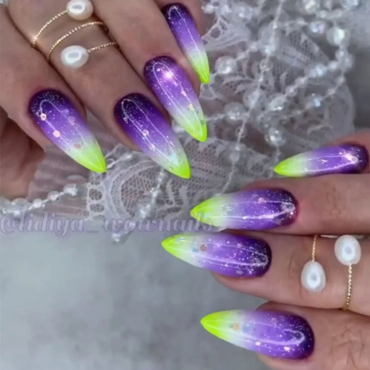 24pcs/set Glitter fake nails for women girls super flash sparkling gradient pink black tips faux ongles press on false nail art 971