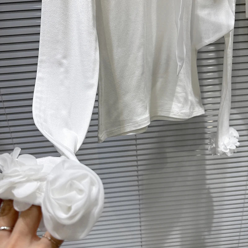 Winter New Elegant Temperament Rhinestone Buckle Bow Tie Long Sleeve T-Shirt For Women Solid Color Tops 11A07897