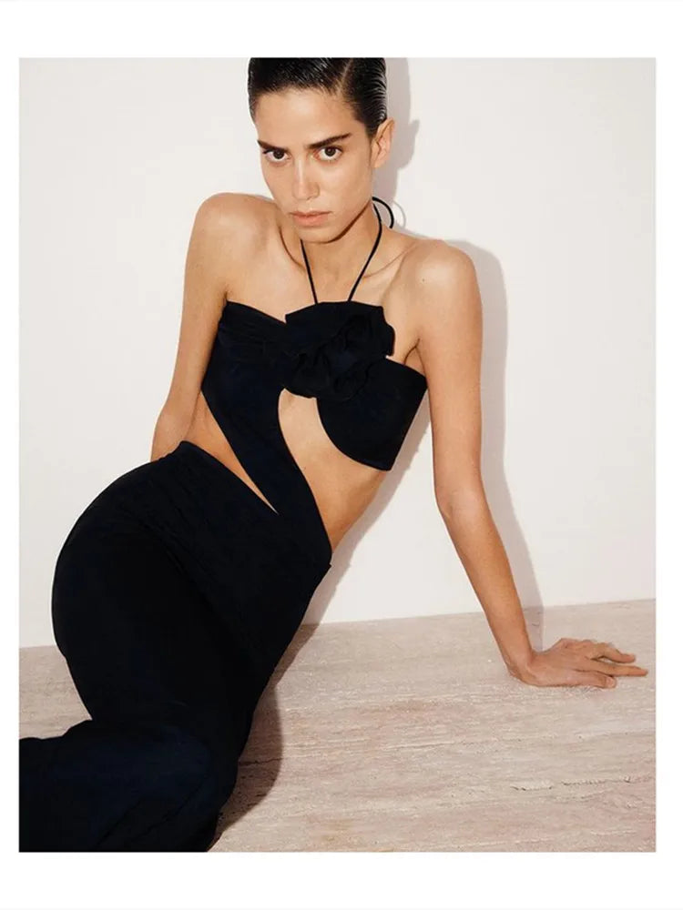 2023 Summer 3D Flower Sexy Hollow Out Sleeveless Bodycon Black Long Dress Fashion's Sexy Woman Party Outfit Beach Party Vestido