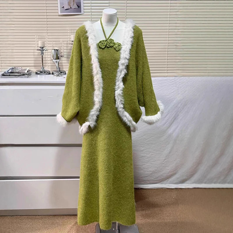 Winter New Fashion Spliced Furry 3D Flower Sweater Coat Evening Party Knitted Dress Two-Piece Set For Women 11A07912 Green One Size