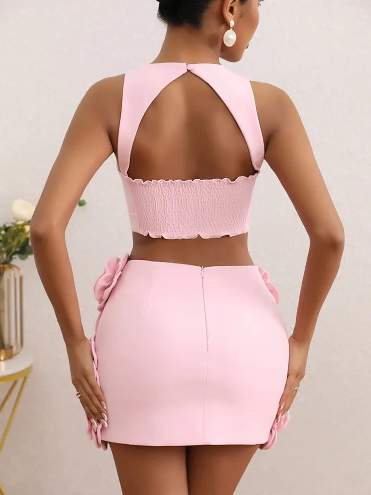 Women Celebrity Sexy Tank Flower Backless Pink Mini Summer Skirt Set 2024 Elegant Evening Club Party Outfits