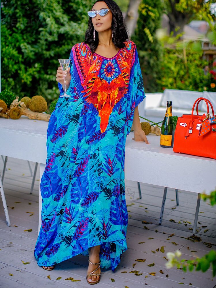 Plus Size Multicolored Loose Dress Cotton Tunic Women Large Size Beach Wear Kaftan Bohemian Printed Loose Beach Dresses Q1320-1084 One Size