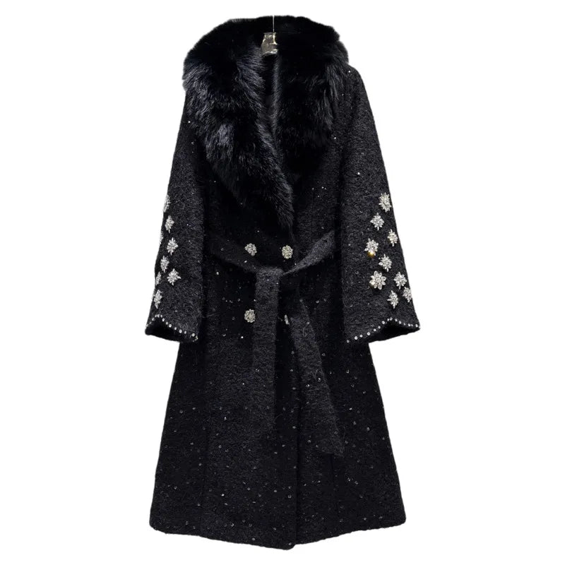 Winter New Fashionable Large Fox Fur Collar Sequin Embroidery Cotton Inner Trench For Women Long Coat Female 11A07776