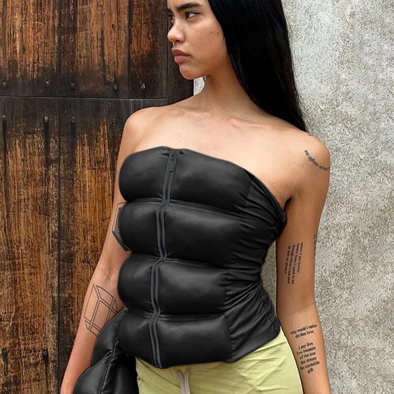 Sexy Women Shiny Gold Silver Bustier Crop Tops Bright PU Leather Crown Girdle Slimming Waist Strapless Low-cut Corset Top Summer Black 2