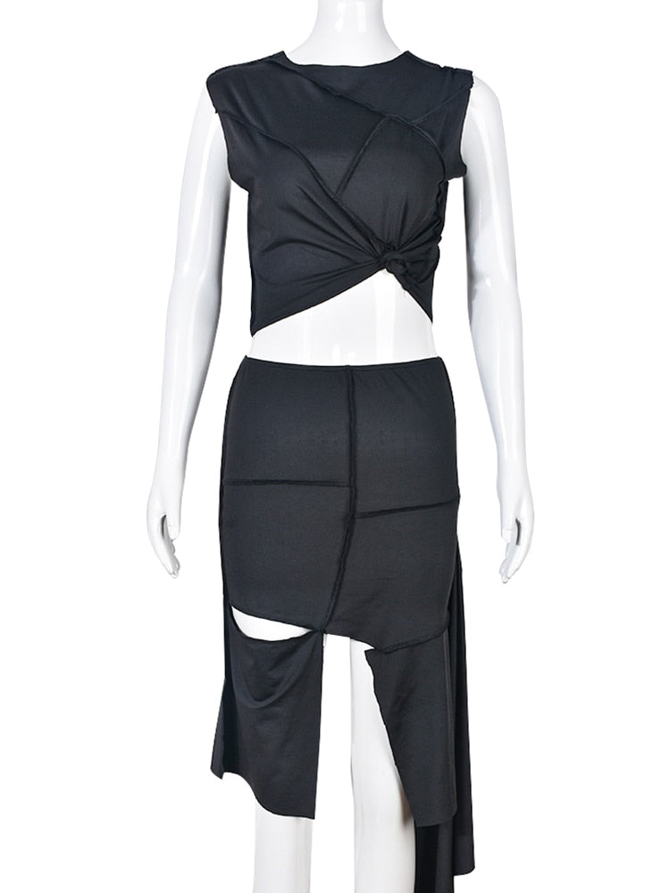 Two Piece Set Women Ripped Grunge Outfits Sexy Sleeveless Slim Crop Top+High Waist Cut Out Midi Skirts 2024 Spring Fall Y2K Suit