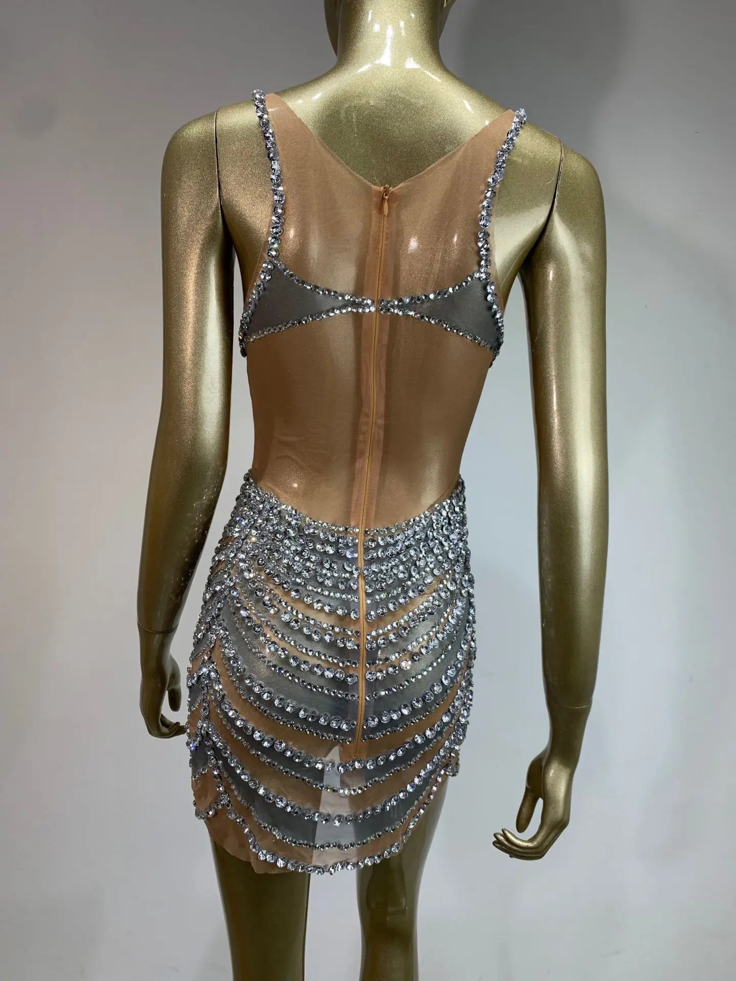 Celebrity Women Sexy U Neck Crystal Diamonds Mesh Mini Dress Birthday Party Costume Bar Nightclub Stage Performance Outfit