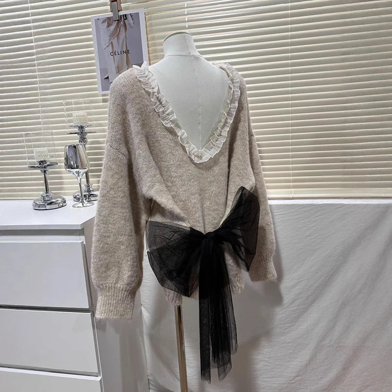 Autumn Winter New Design Backless Bow Knitted Sweater Top For Women Loose Soft Niche Pullover Female Trendy 11A07622 Khaki One Size