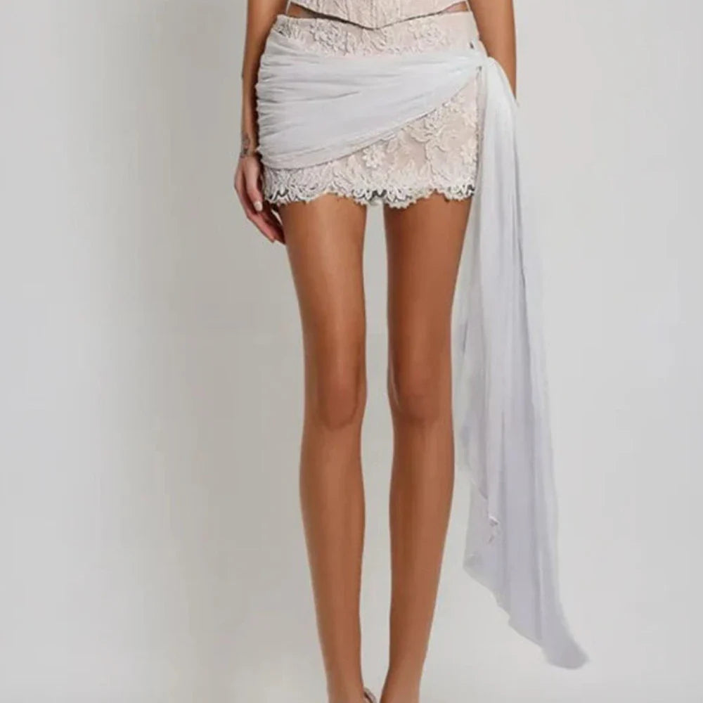 Solid Slimming Two Piece Sets for Women Strapless Sleeveless Spliced Bow Top Patchwork Mesh Skirts Female Clothing WHITESKIRT