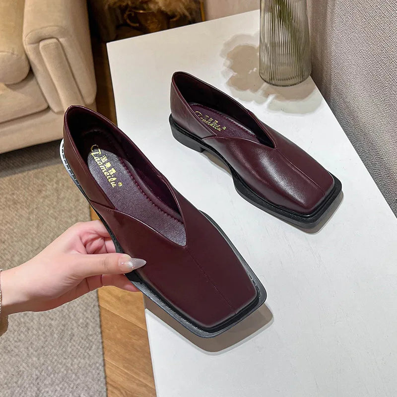 New spring women's outerwear shoes Square toe design Mary Jane shoes Women's casual low-heeled shoes Work boat shoes 41-43 wine red