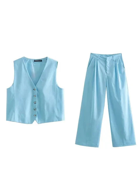 Women Blue Pants 2 Pieces Sets Fashion Linen Vest Tops+Straight Pants Office Suit Vintage Woman Two Pieces Outfit Sets
