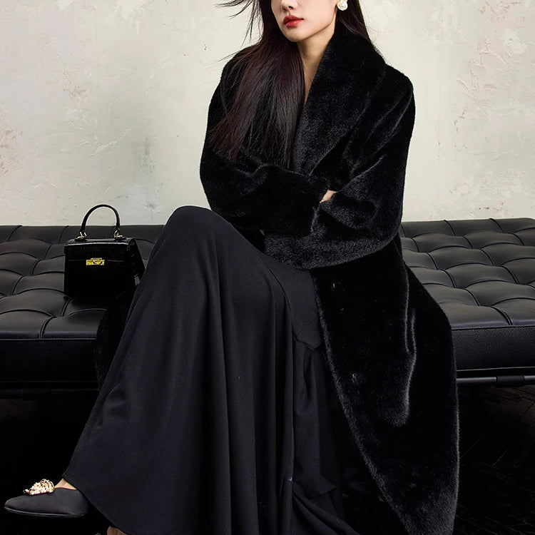 Lautaro Winter Extra Long Elegant Luxury Chic Thick Warm Soft Black Fluffy Faux Fur Coat Women Shawl Collar Furry Overcoat 2025
