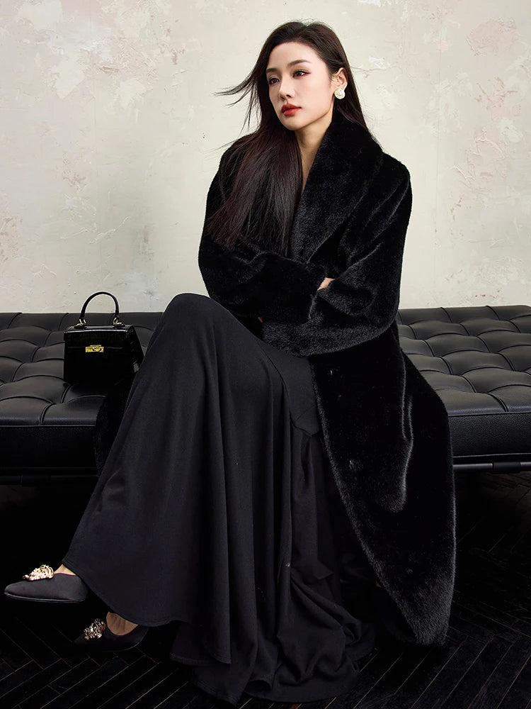 Lautaro Winter Extra Long Elegant Luxury Chic Thick Warm Soft Black Fluffy Faux Fur Coat Women Shawl Collar Furry Overcoat 2025