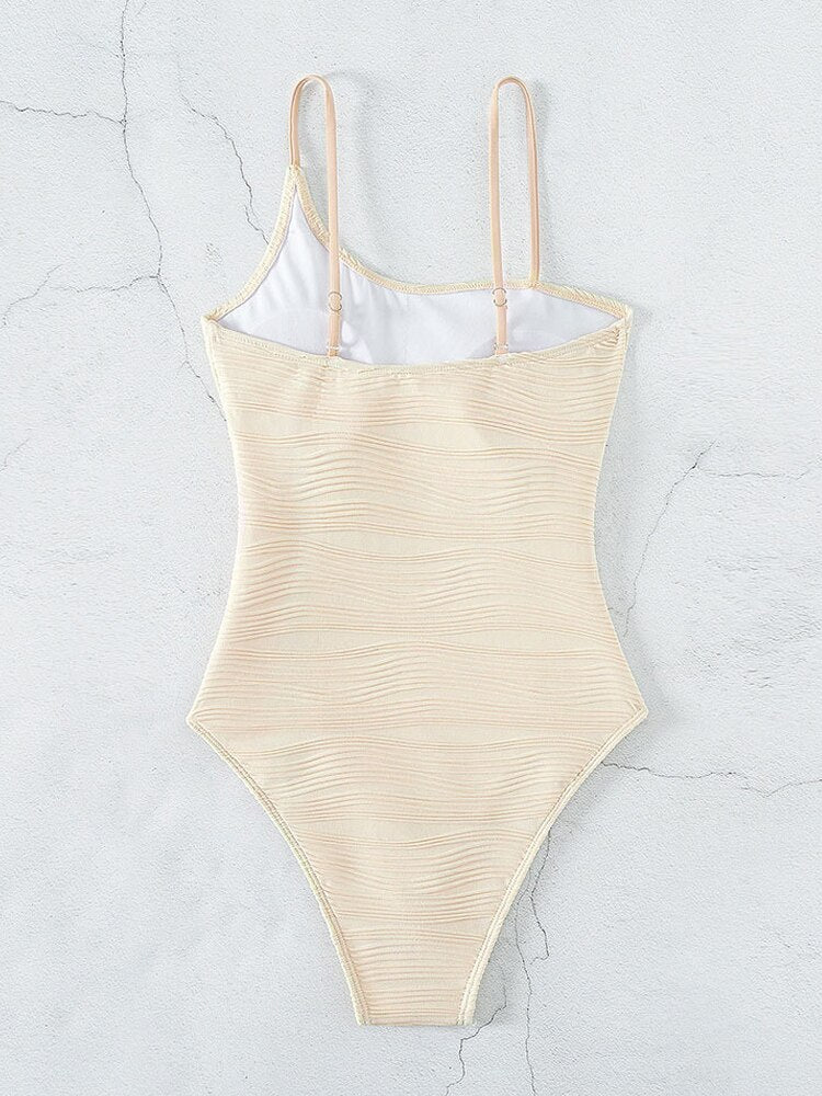 Sexy Beige Strapped Swimwear Women Solid High Cut Push UP