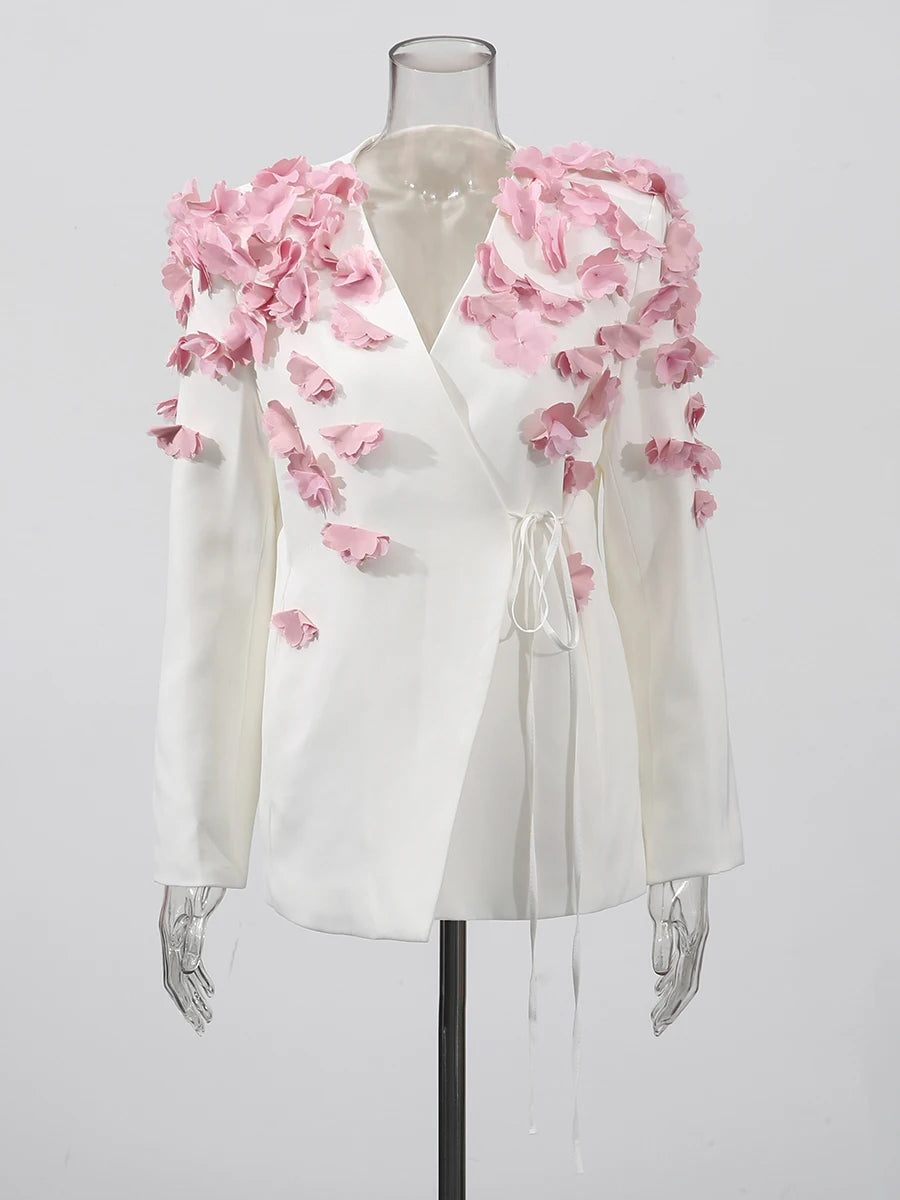 Spliced Petal Two Piece Sets for Women V Neck Long Sleeve Patchwork Lace Up Top High Wasit Skirt Elegant Set Female WHITETOP