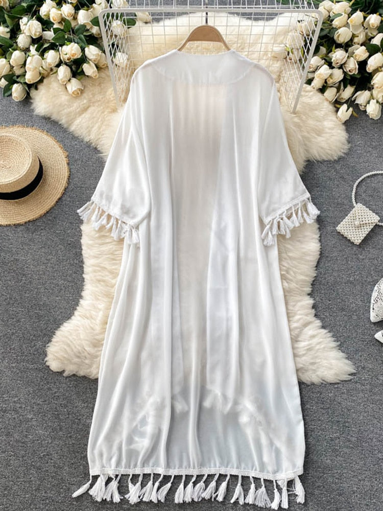 Summer Pareo Beach Kimono Bohemian Cover Up Long Fashion Embroidery Poncho Cardigan Tassel Chiffon Shirt