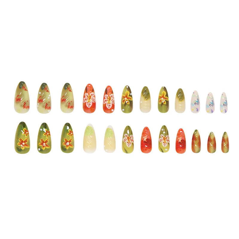 24pcs Flower Print Press on Nails Retro Color Blush Almond Fake Nail Tips Detachable Wearable Sweet Cool Spice Girl False Nails