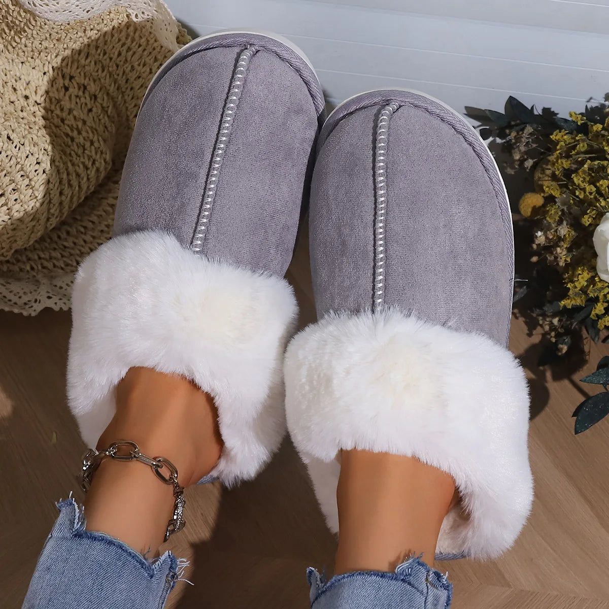 Plush Warm Home Flat Slippers Lightweight Soft Comfortable Winter Slippers Women's Cotton Shoes Indoor Plush Slippers GRAY