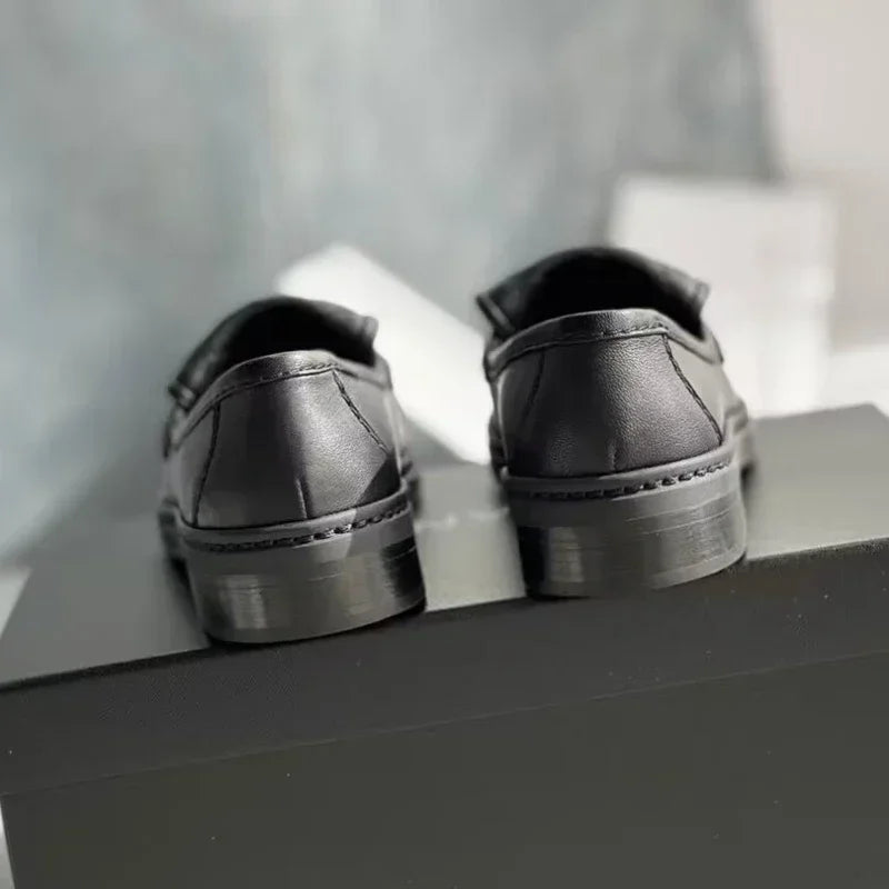 Women's round Head Thick Bottom Loafers Autumn New Black Embroidery Thread Metal Buckle Slip-on Casual Leather Shoes