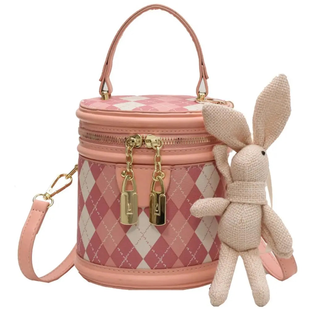 Women's Bag for Women Fashion Luxury Designer Zipper Small Handbags For Women Leather Bucket Shoulder Bag 2023 New Trend Pendant Pink-With Dolls