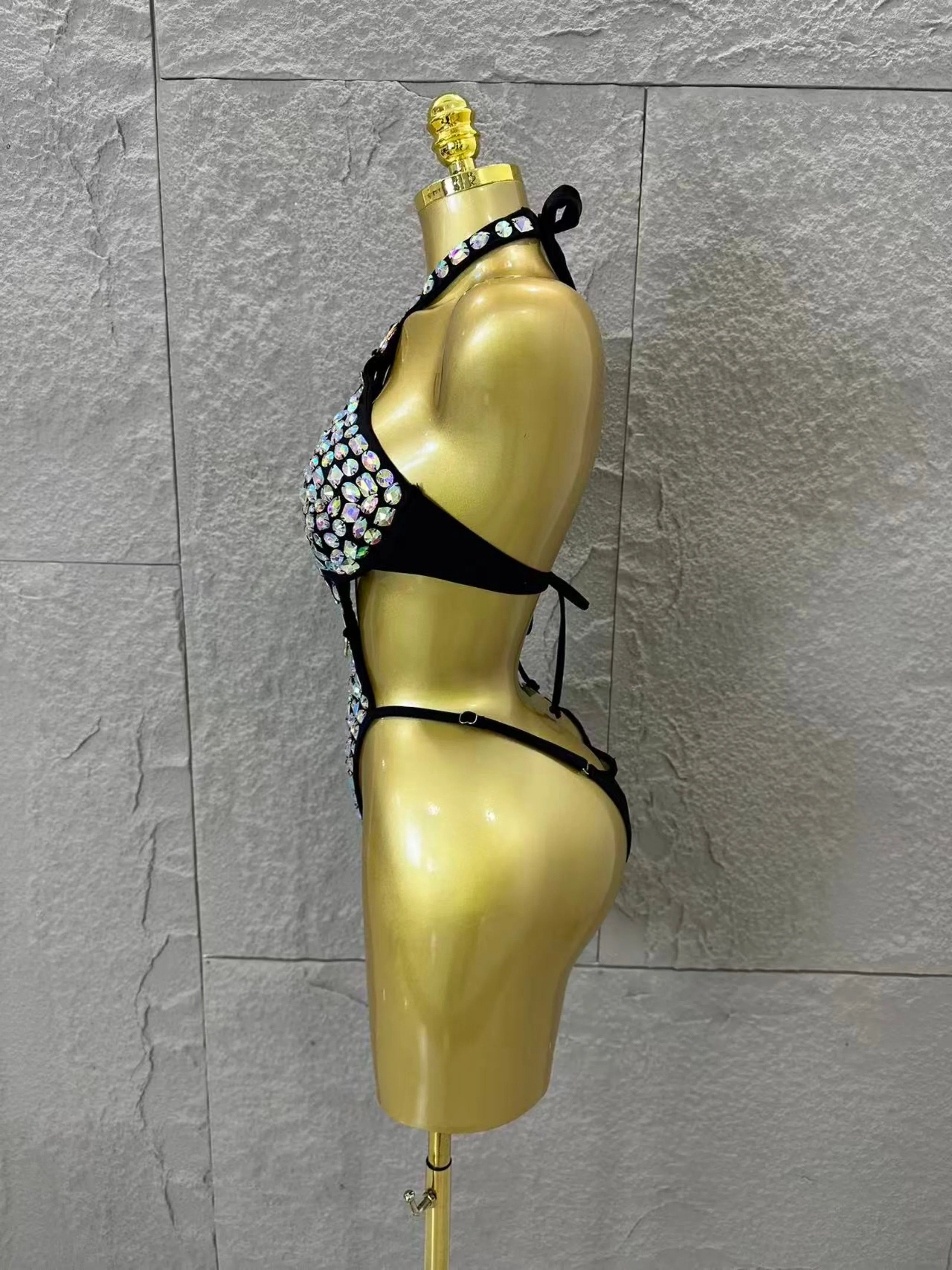 2026 Luxurious Black Bodysuit Women Sexy Halter Neck Iridescent Crystal Embellished Cutout Outfit Stage Performance Costume