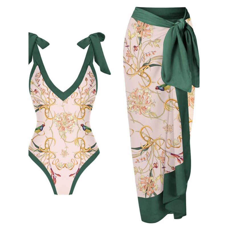 Skirt Cover Up Bodysuit Set Women Bandage Bathing Suit Swimwear Summer New Fashion Print Beach Holiday Bodysuit Cover Up Outfits Pink