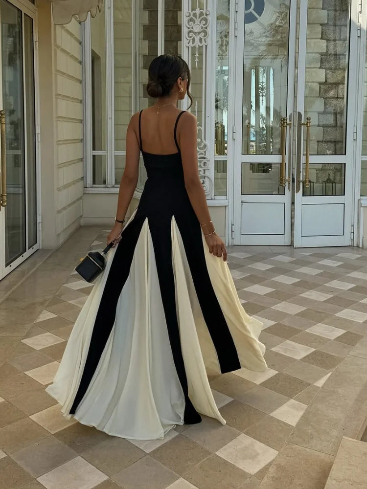 Fashion Contrasting Color Spaghetti Strap Dress For Women Elegant Gauze Backless A-line Long Dresses New Lady Party Evening Gown as pic