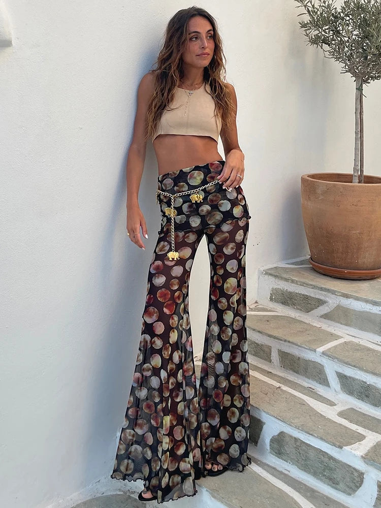 Mozision Mesh Leopard Print Trousers Woman Fashion High Waist Print Wide Leg Pants Female Elegant Printed Long Pants Bottoms