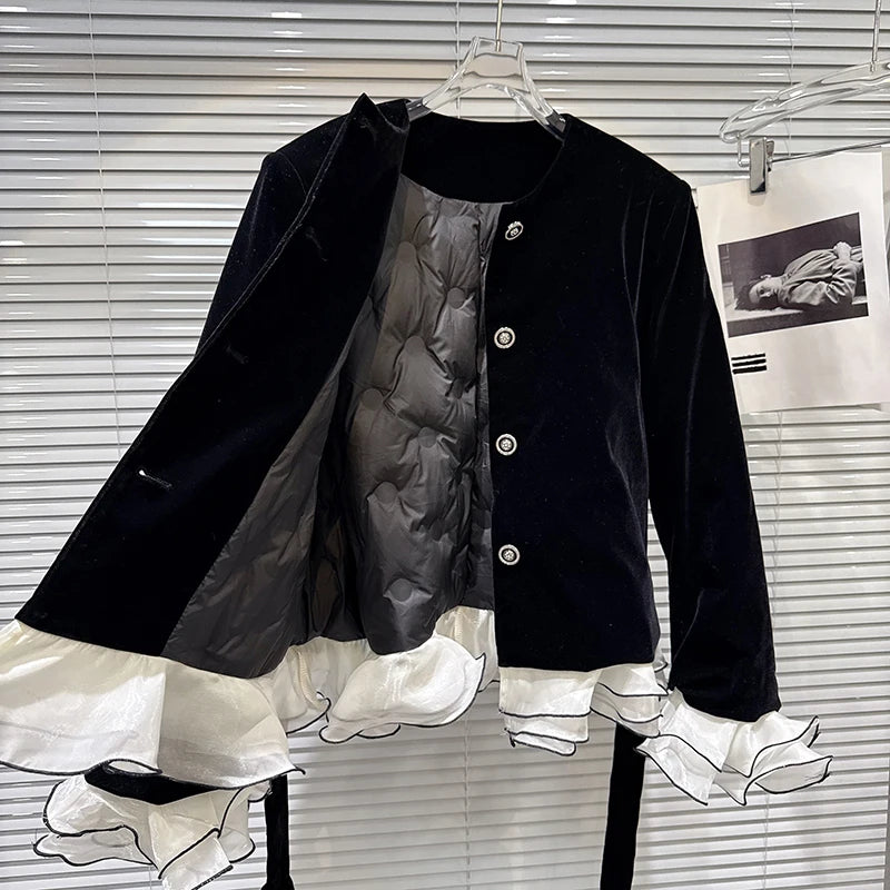 Winter New Fashion Chiffon Lace With Belt Velvet Fabric Cotton Short Coat For Women High Waist O-neck Jacket 11A07695