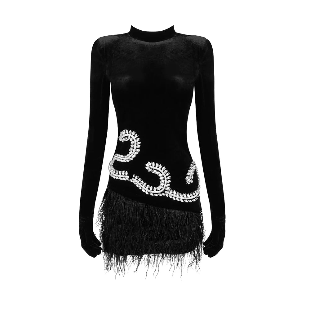 Chic And Elegant Dress Women Party Wear Long Sleeve With Gloves Luxury Crystal Design Velvet Mini Feather Dress black