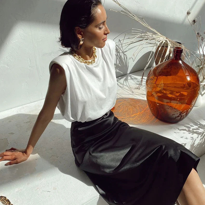 WYWM Summer High Waisted Satin Silk Skirt Women Solid 8 Color Fashion Elegant Ladies Streetwear Skirts Slim A-line Female Dress Black