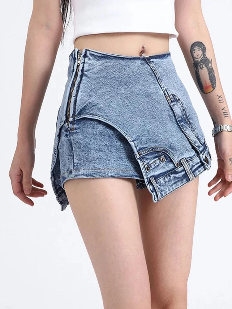 Patchwork Pocket Irregular Chic Denim Shorts For Women High Waist Spliced Zipper Designer Short Pants Female New