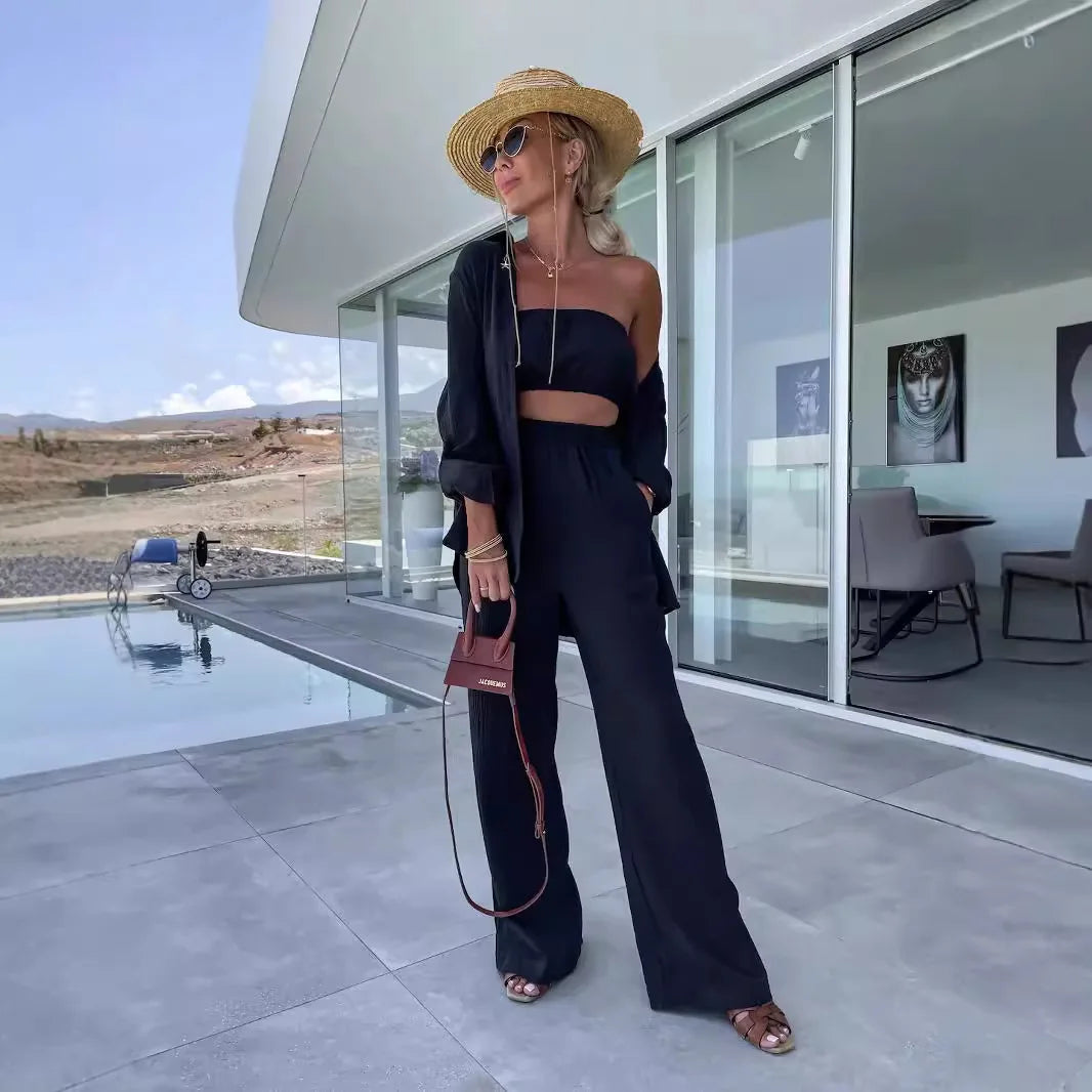 Solid Color Casual Loose Pants Sets For Women 2024 Elegant Autumn Women's Two Pieces Suit Full Trouser Set Female Outfit Clothes