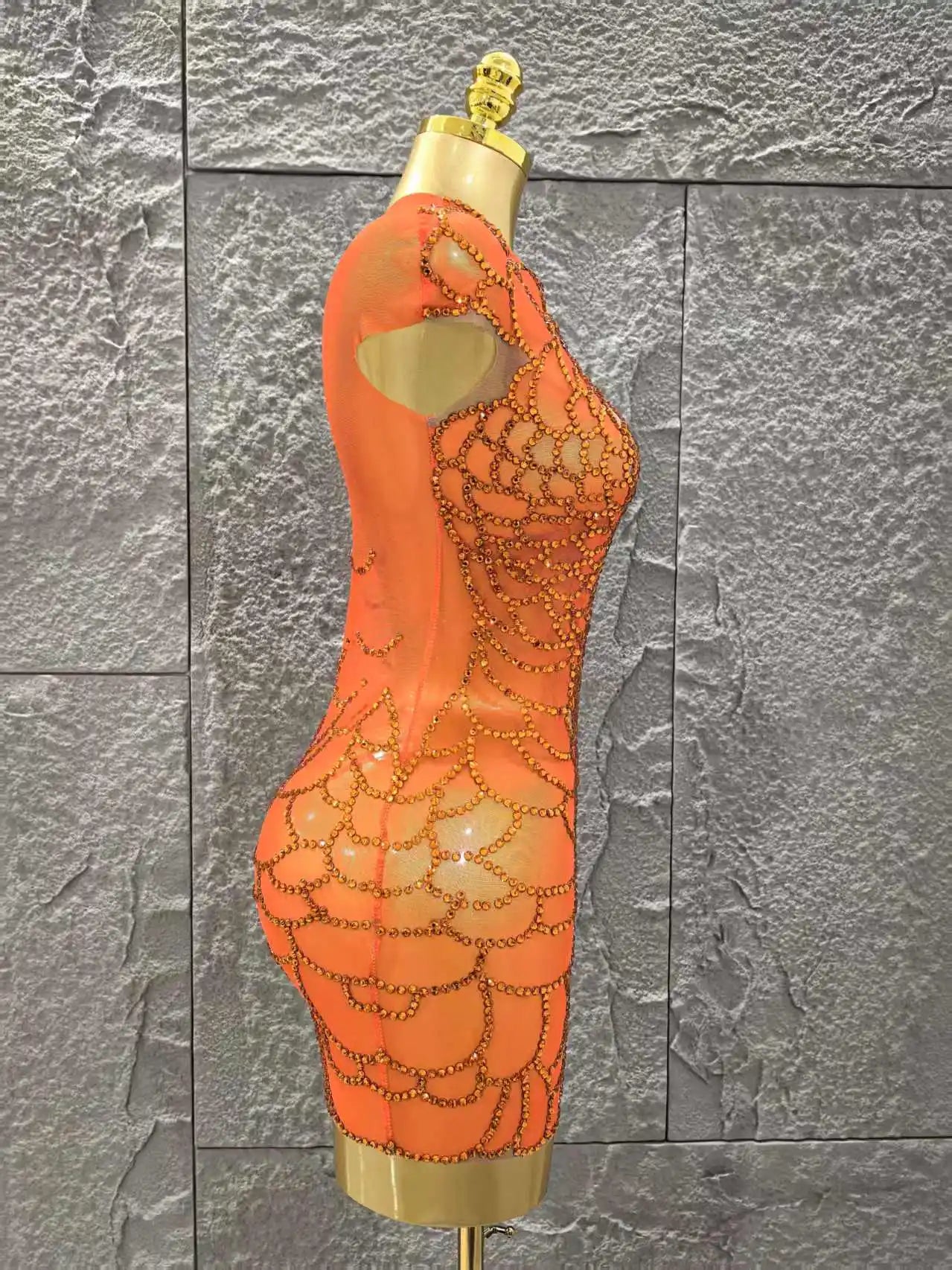 Orange Color Shinning Rhinestones Women Sexy One Shoulder Mesh Bodycon Mini Dress Celebrate Nightclub Party Bar Singer Wear