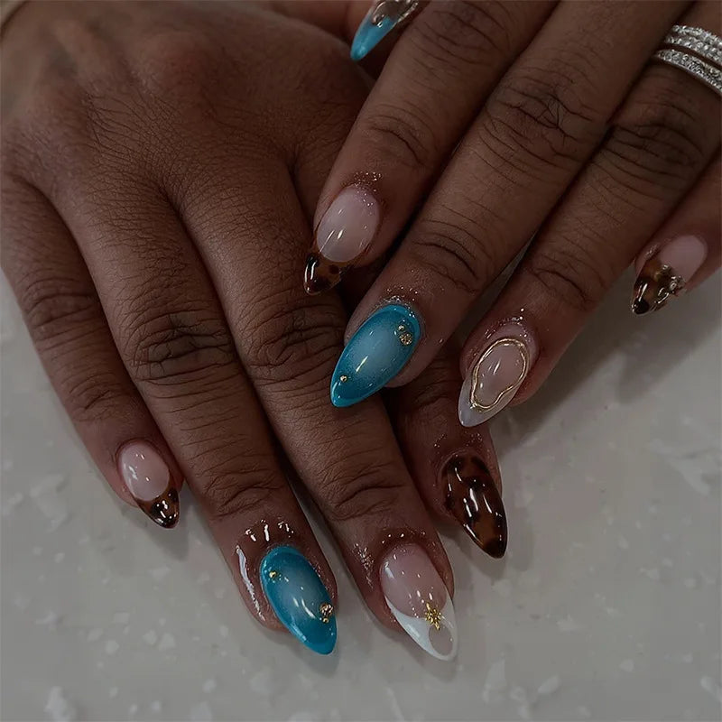 24Pcs Mid-length Blue Almond False Nails with 3D Shell Design Press on Nails Tips Butterfly Flower Pattern Datachable Fake Nail 3XB1-13304