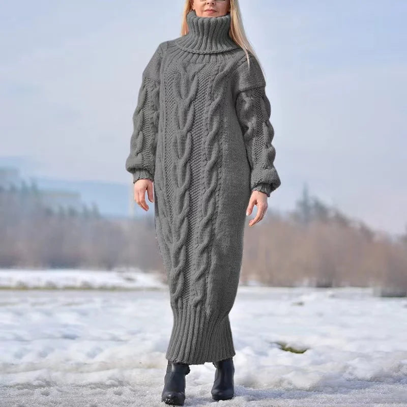 Autumn Winter Solid Color Turtleneck Pullover Women Twisted Loose Knitted Sweater Long Dress Sweater For Female Oversize GRAY LYQ273