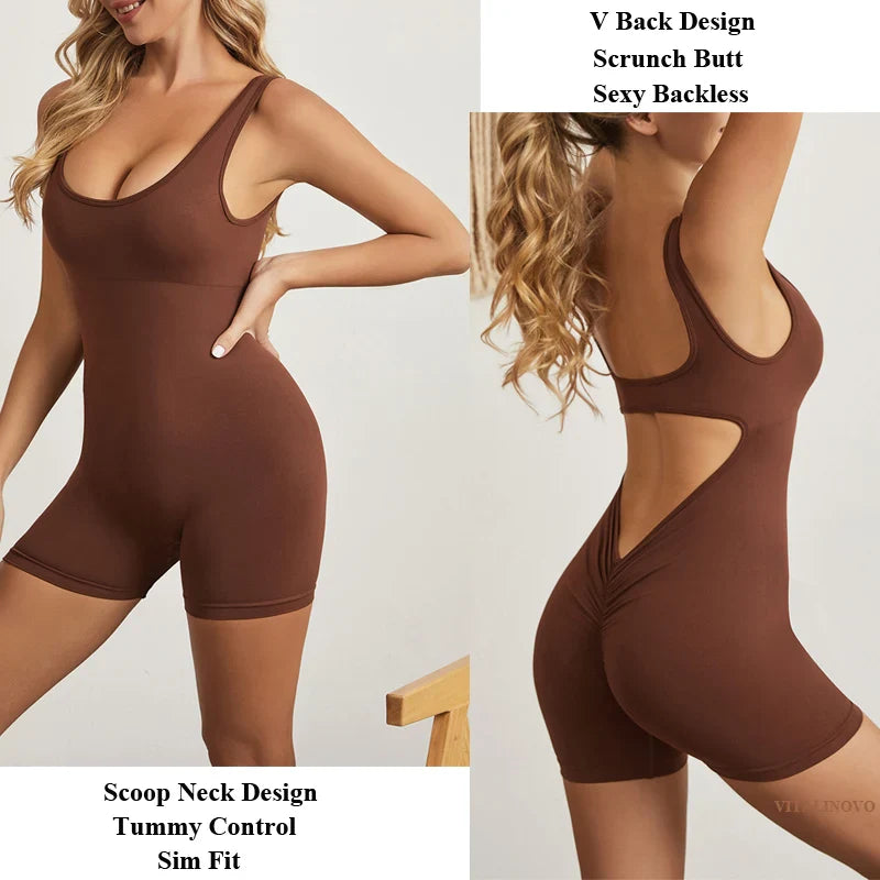 VITALINOVO Backless Workout Jumpsuits for Women Tummy Control One Piece Jumpsuits Seamless Padded V Back Scrunch Yoga Rompers