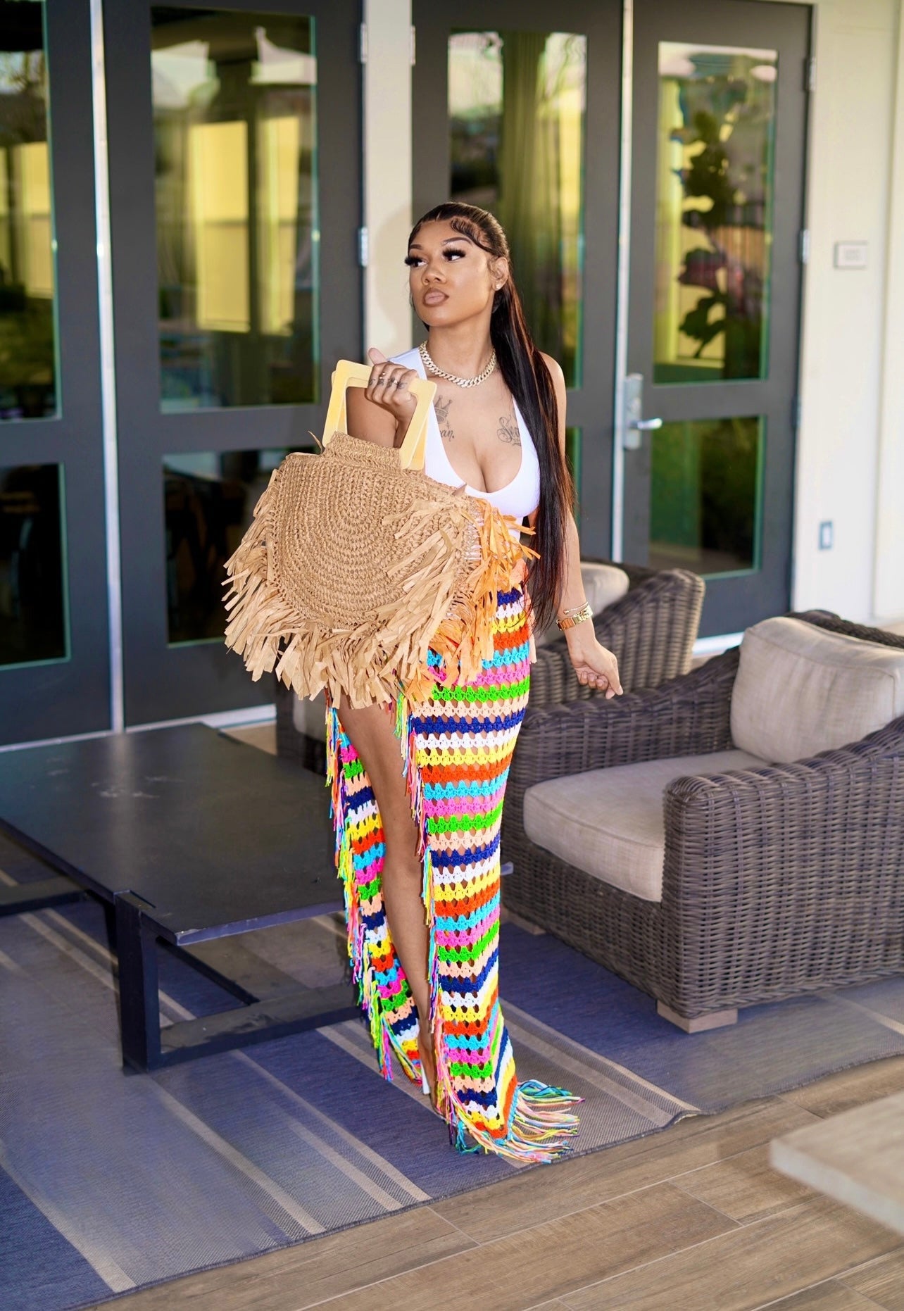 Womens Crochet Beach Cover Up Skirts Sexy High Side Slit Tassel Hem Rainbow Striped Long Maxi Skirt 2024 Summer Vecation Dress